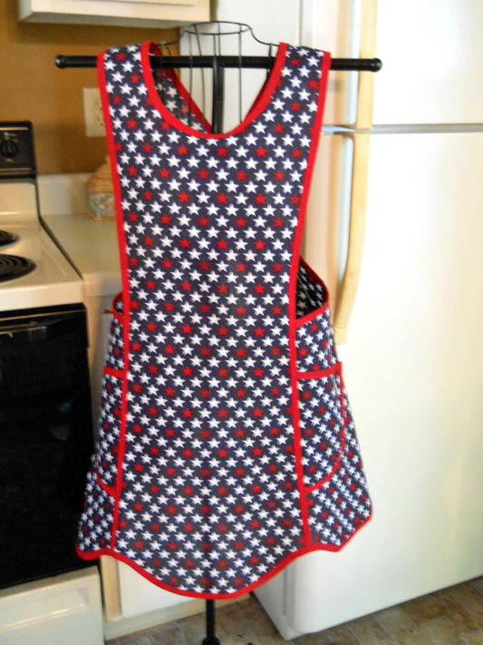 Crossover No Tie Old Fashioned Apron in Red White and Blue with Stars size Large