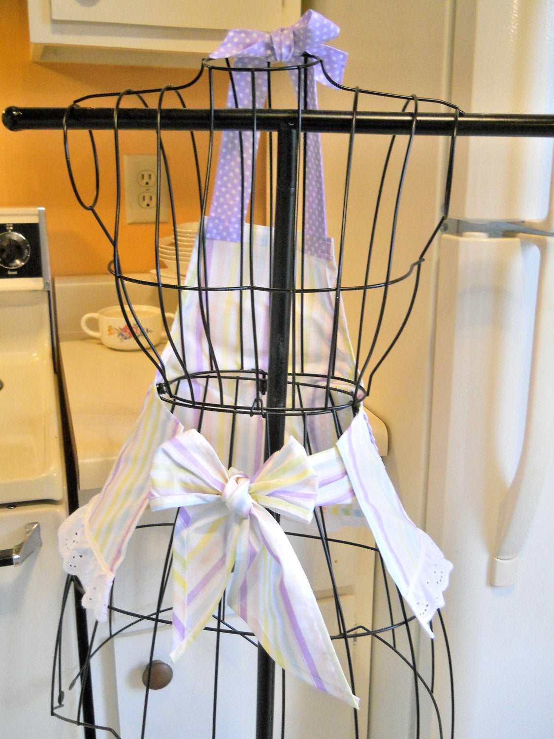 Retro Style Infant Toddler Children's Apron in Stripes with Purple Polka Dots size 6 months