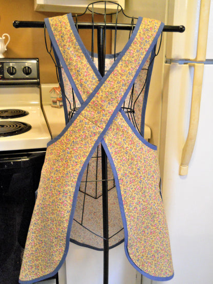 Vintage Style No Tie Crossover Apron in Yellow and Blue Floral Calico in Large