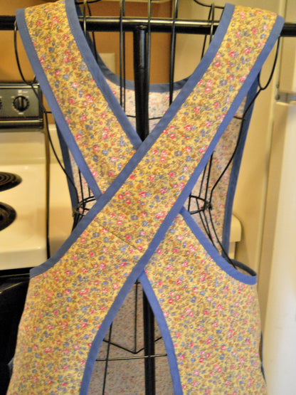 Vintage Style No Tie Crossover Apron in Yellow and Blue Floral Calico in Large