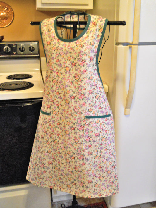 Grandma Vintage Style Full Apron in a Pink Floral on Yellow size Large