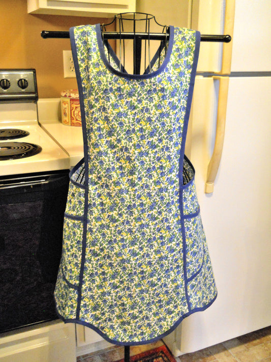 Vintage Style Crossover No Tie Apron in Blue and Yellow Floral size Medium