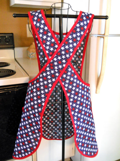 Crossover No Tie Old Fashioned Apron in Red White and Blue with Stars size Large