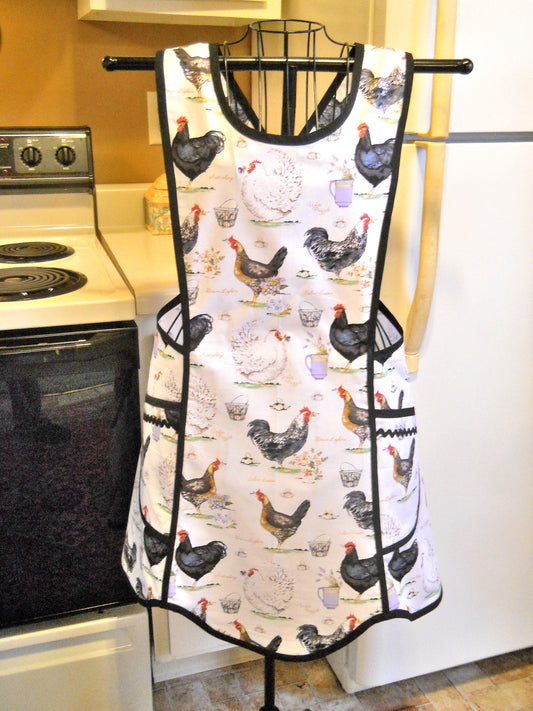 Vintage Style Crossover No Tie Apron with Roosters size Large
