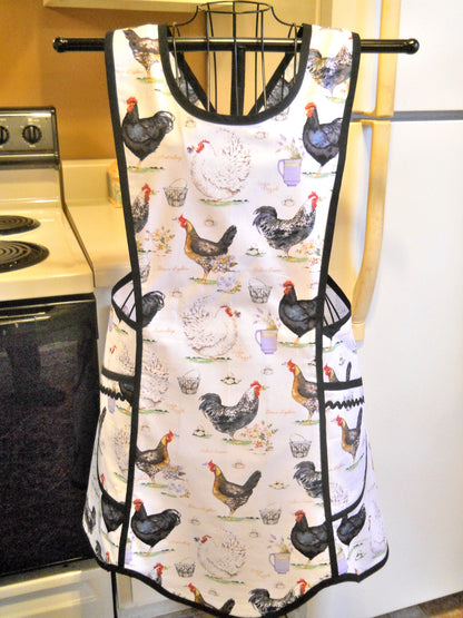Vintage Style Crossover No Tie Apron with Roosters size Large