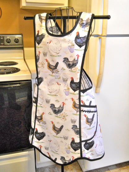 Vintage Style Crossover No Tie Apron with Roosters size Large