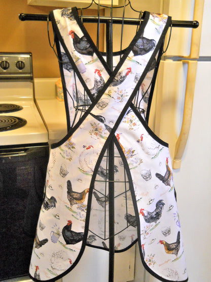 Vintage Style Crossover No Tie Apron with Roosters size Large