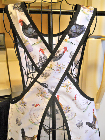 Vintage Style Crossover No Tie Apron with Roosters size Large