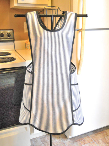 Grandma Crossover No Tie Apron in Black and White Mattress Ticking size Large