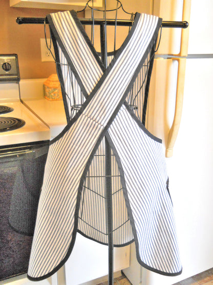 Grandma Crossover No Tie Apron in Black and White Mattress Ticking size Large