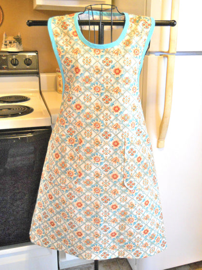 Grandma Vintage Style Full Apron in Teal and Orange Floral size Small