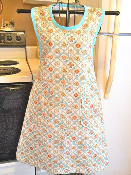 Grandma Vintage Style Full Apron in Teal and Orange Floral size Small