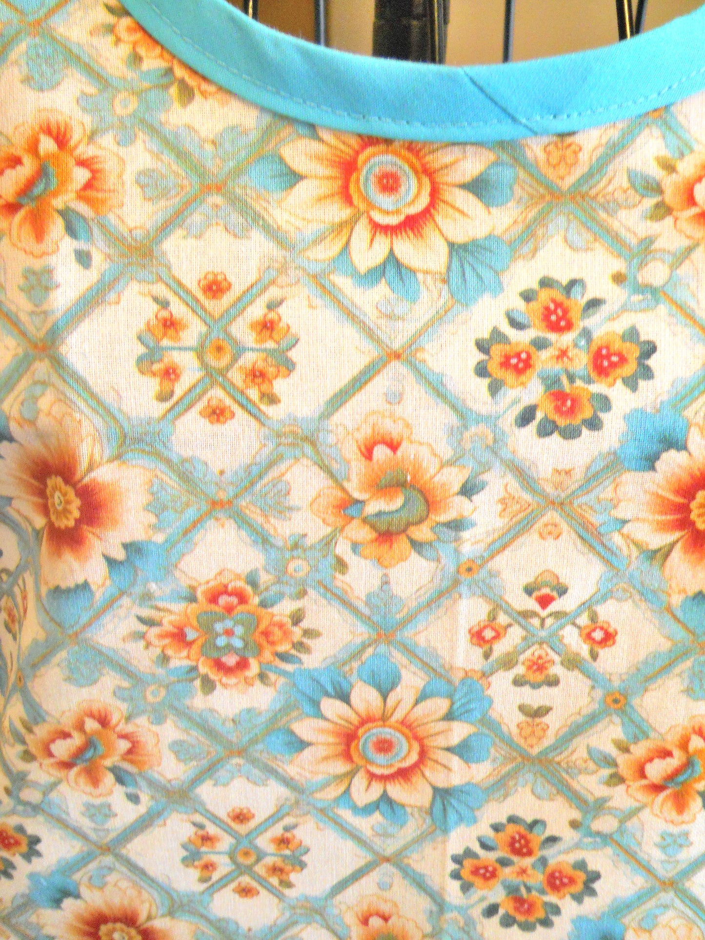 Grandma Vintage Style Full Apron in Teal and Orange Floral size Small