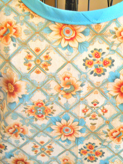 Grandma Vintage Style Full Apron in Teal and Orange Floral size Small