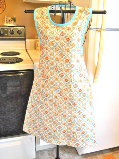 Grandma Vintage Style Full Apron in Teal and Orange Floral size Small