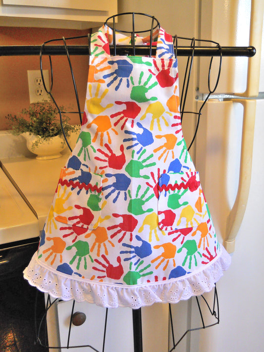 Little Girl's Vintage Style Apron with Colorful Hands and Eyelet Lace in 5-6