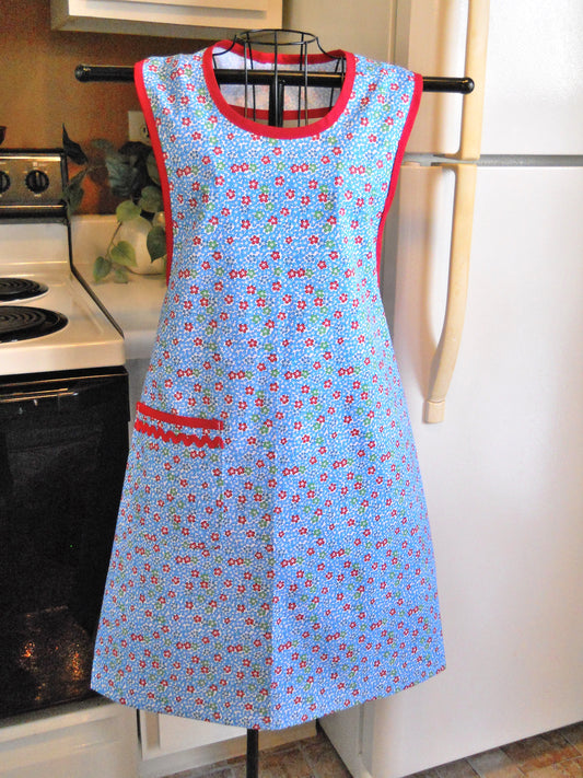 Old Fashioned Grandma Style Blue and Red Floral Apron in Small