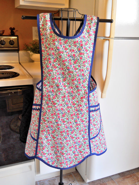 Old Fashioned Grandma Style Crossover No Tie Apron in Navy and Pink Floral Size Medium
