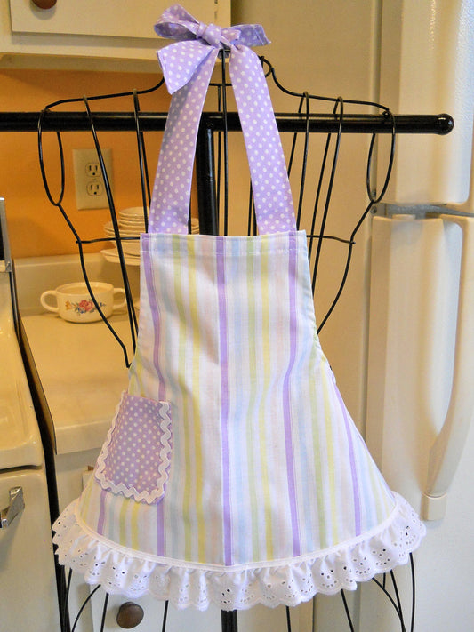 Retro Style Infant Toddler Children's Apron in Stripes with Purple Polka Dots size 6 months